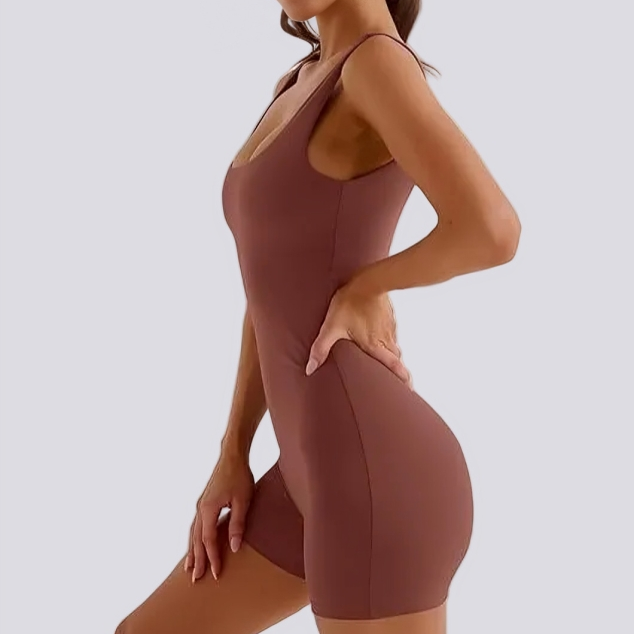 Sculpting Square Neck Short Jumpsuit Brown