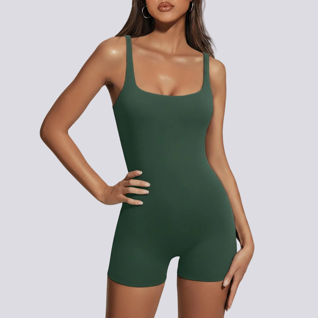 Sculpting Square Neck Short Jumpsuit Green