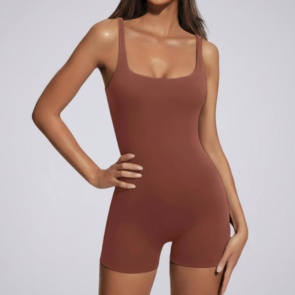 Sculpting Square Neck Short Jumpsuit Brown