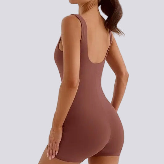 Sculpting Square Neck Short Jumpsuit Brown