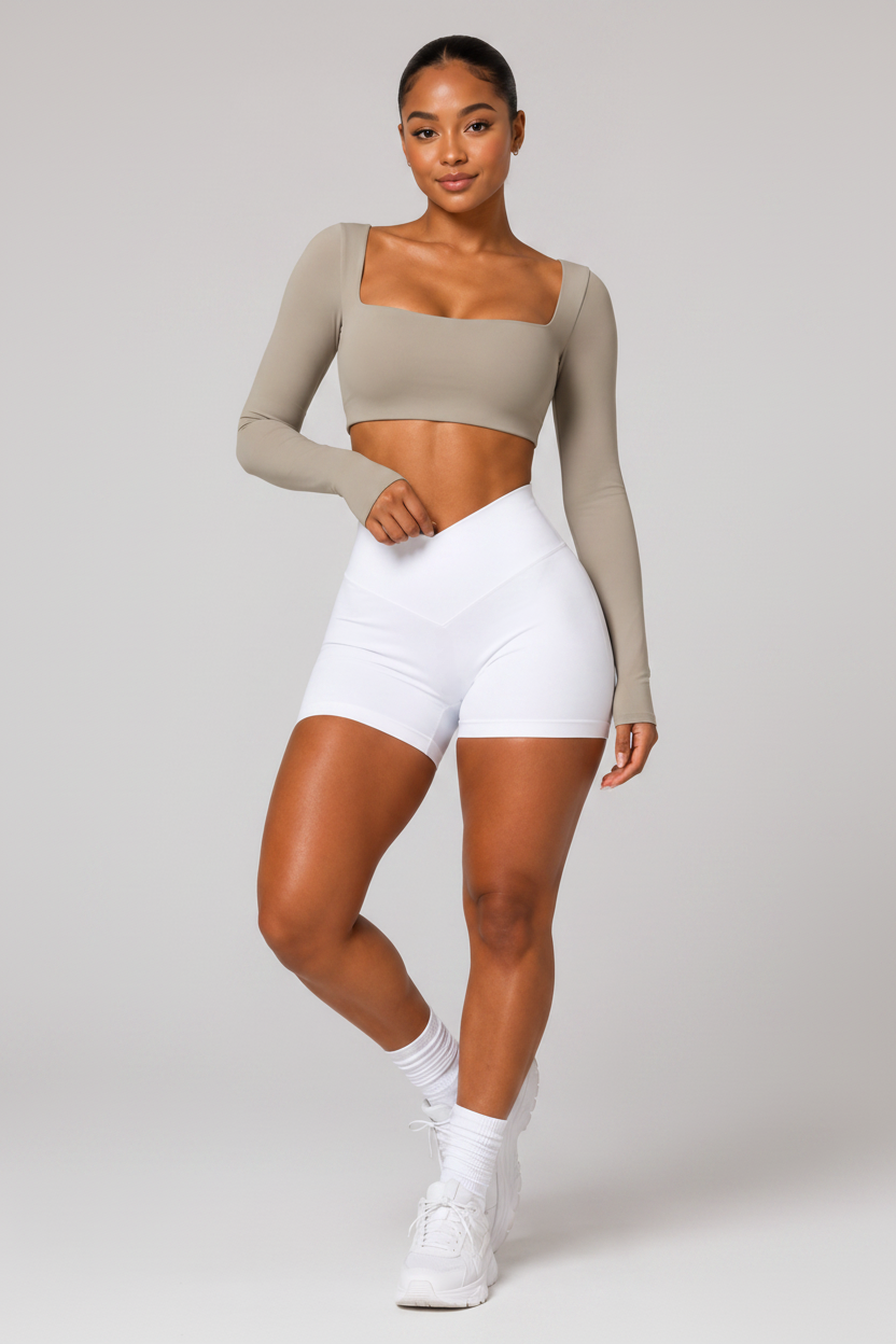 Square Neck Long Sleeve Yoga Crop Top Sage Green