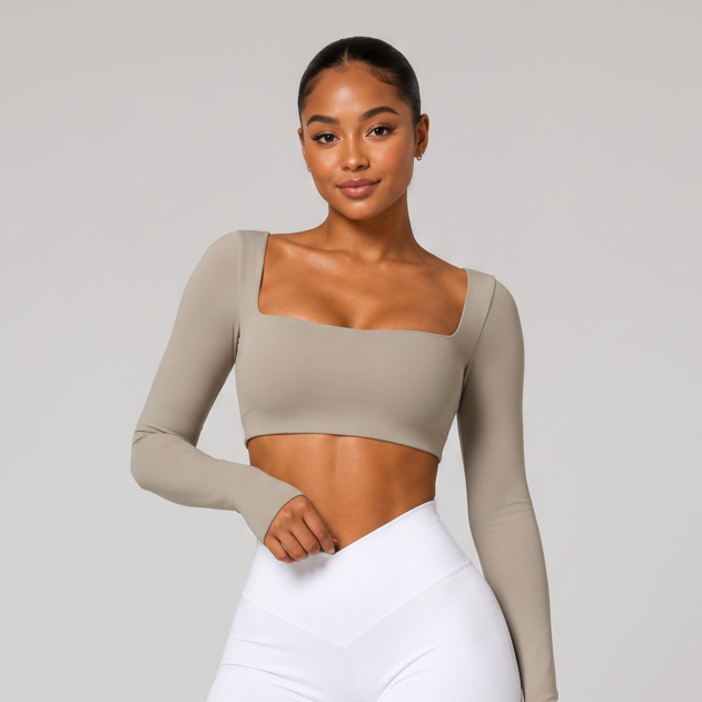Square Neck Long Sleeve Yoga Crop Top Sage Green