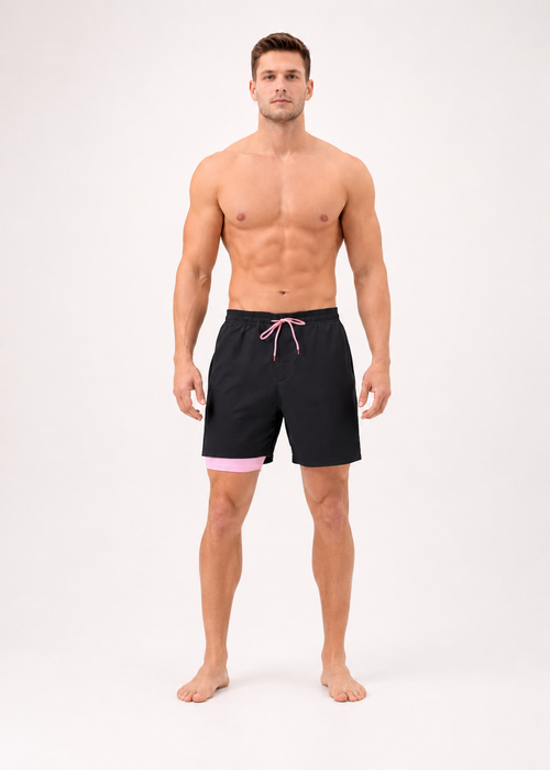 Dual Layer Quick Dry Swim Shorts Black & Pink