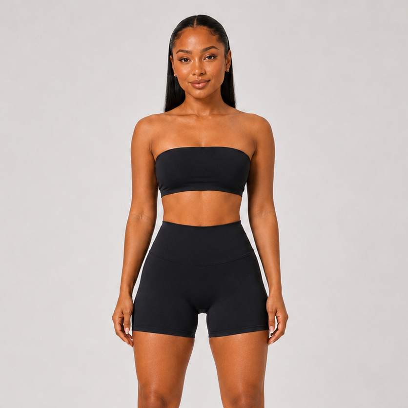 2-Piece Tube Top & Shorts Yoga Set Black
