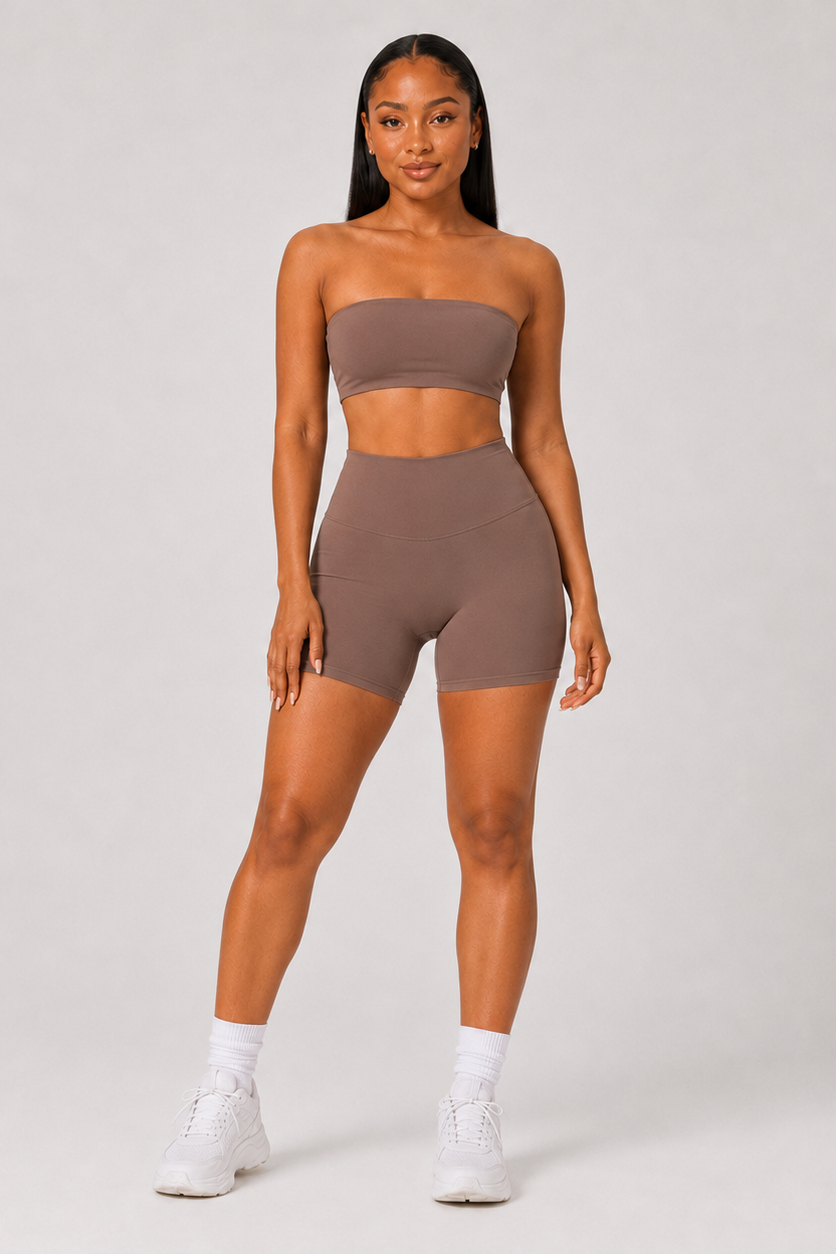 2-Piece Tube Top & Shorts Yoga Set Brown