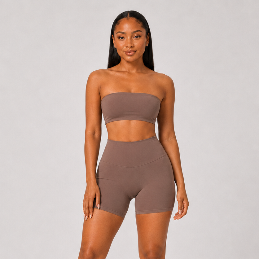 2-Piece Tube Top & Shorts Yoga Set Brown