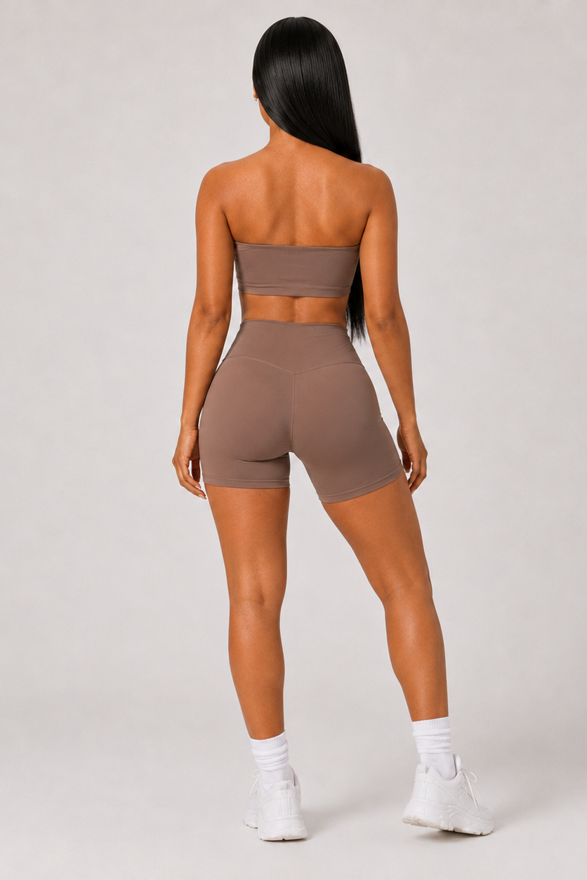 2-Piece Tube Top & Shorts Yoga Set Brown
