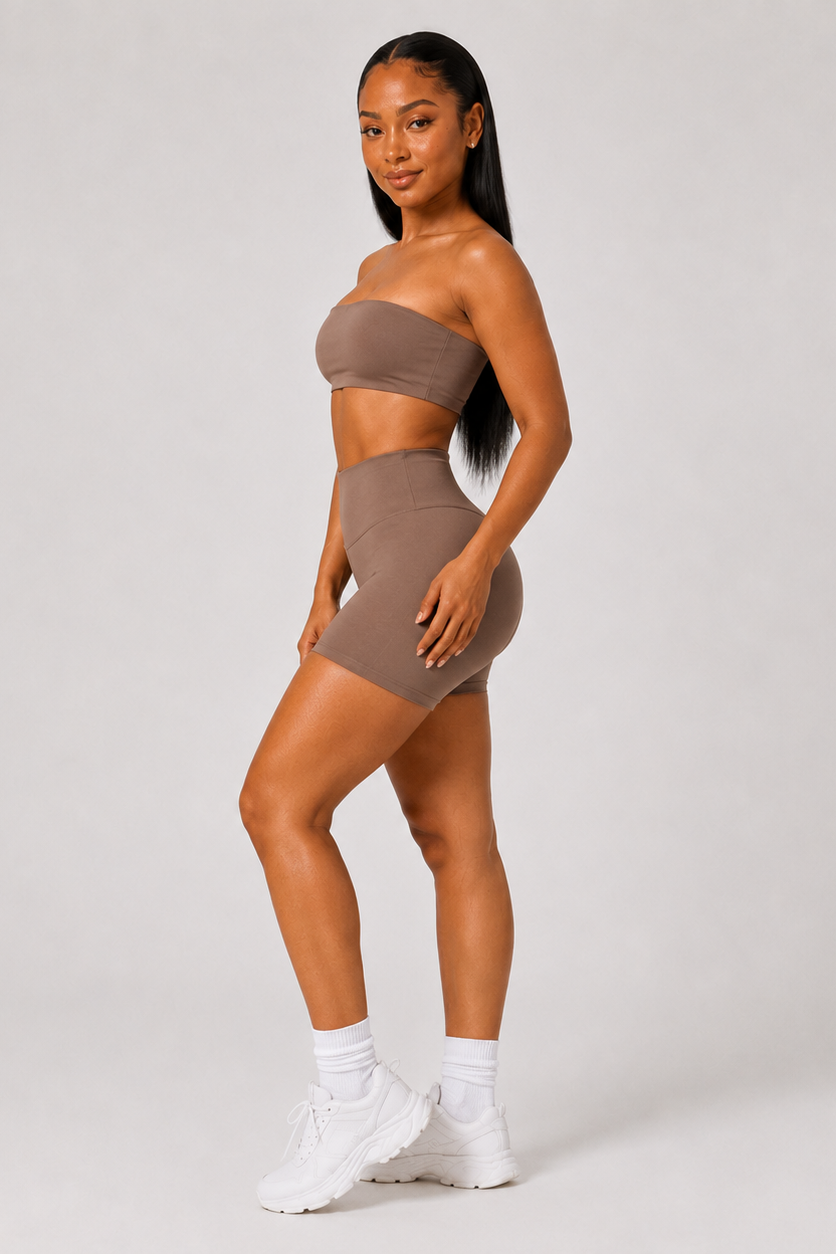 2-Piece Tube Top & Shorts Yoga Set Brown