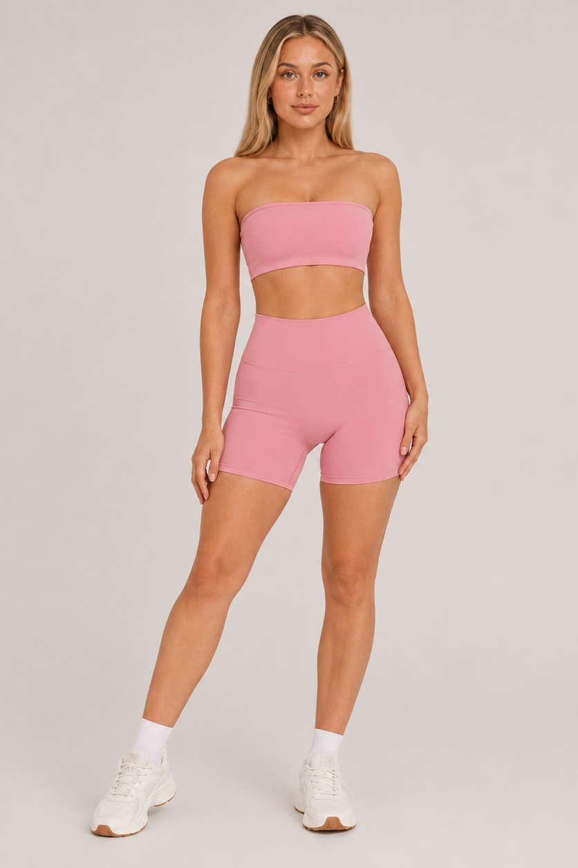 2-Piece Tube Top & Shorts Yoga Set Light Pink