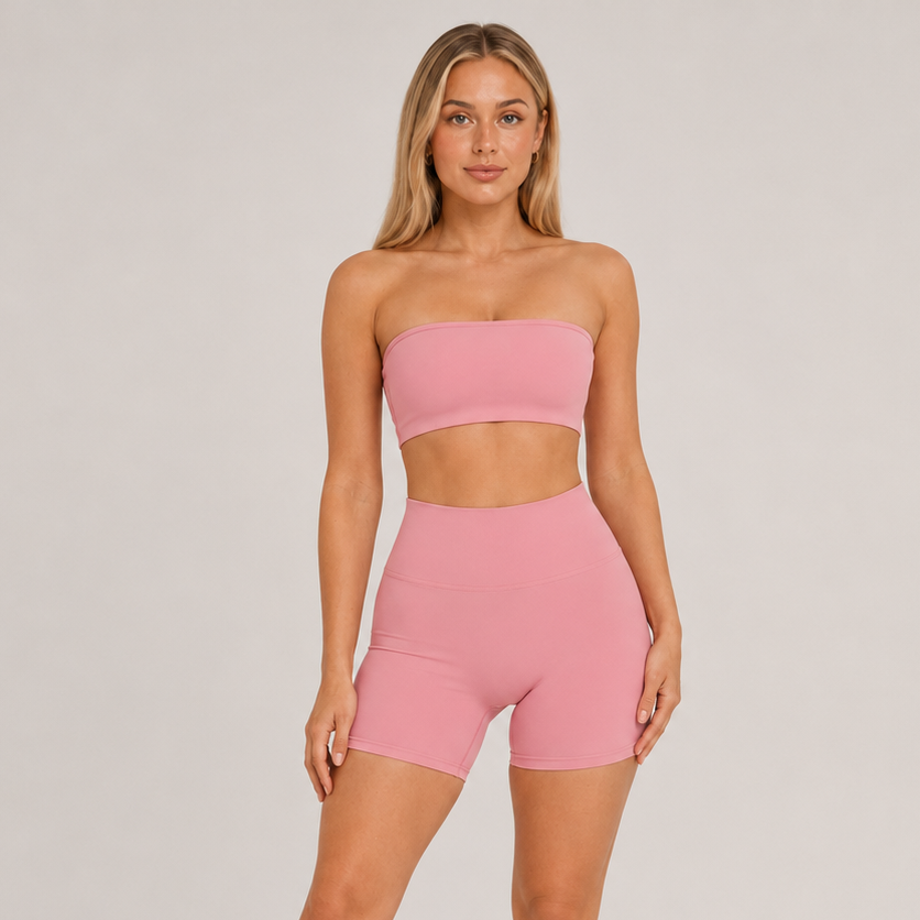2-Piece Tube Top & Shorts Yoga Set Light Pink