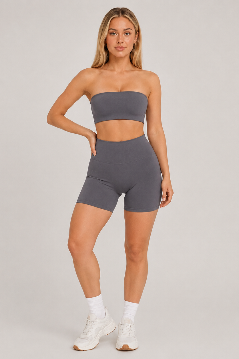 2-Piece Tube Top & Shorts Yoga Set Grey