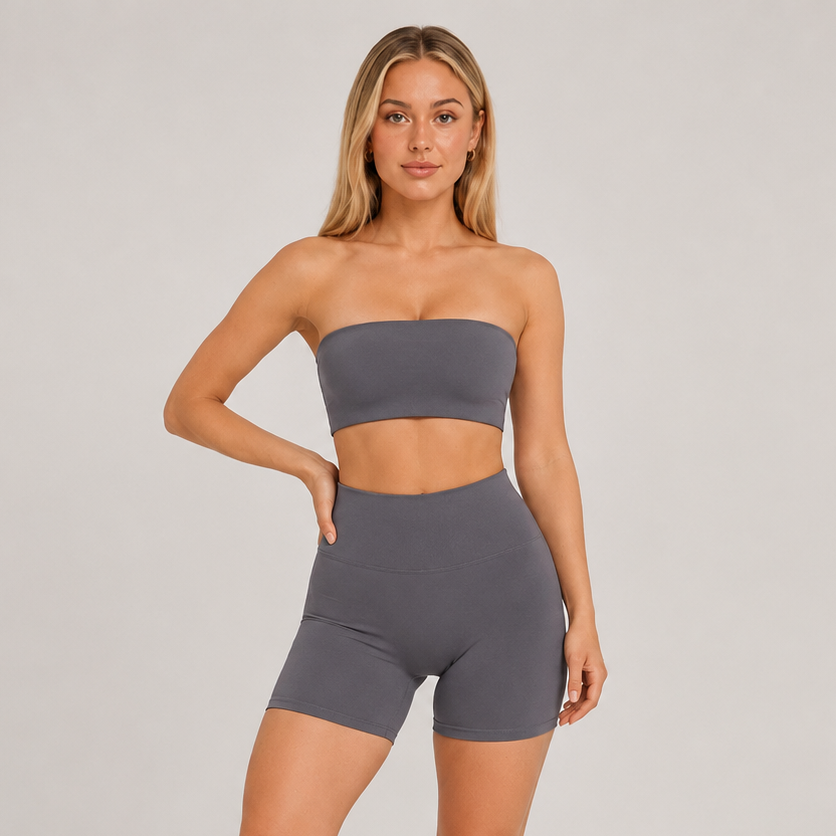 2-Piece Tube Top & Shorts Yoga Set Grey