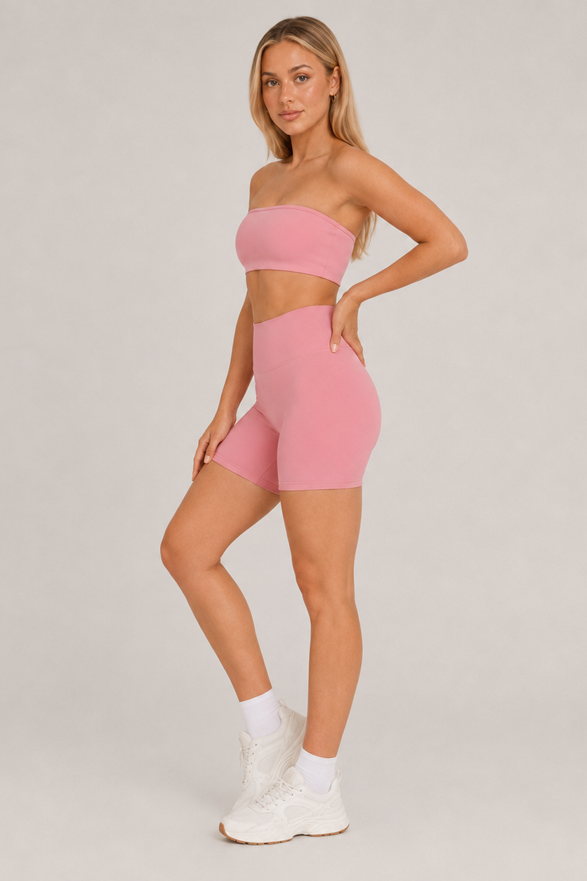 2-Piece Tube Top & Shorts Yoga Set Light Pink