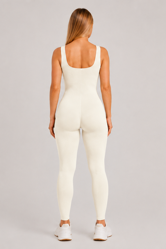 Sculpting Ribbed One-Piece Jumpsuit White