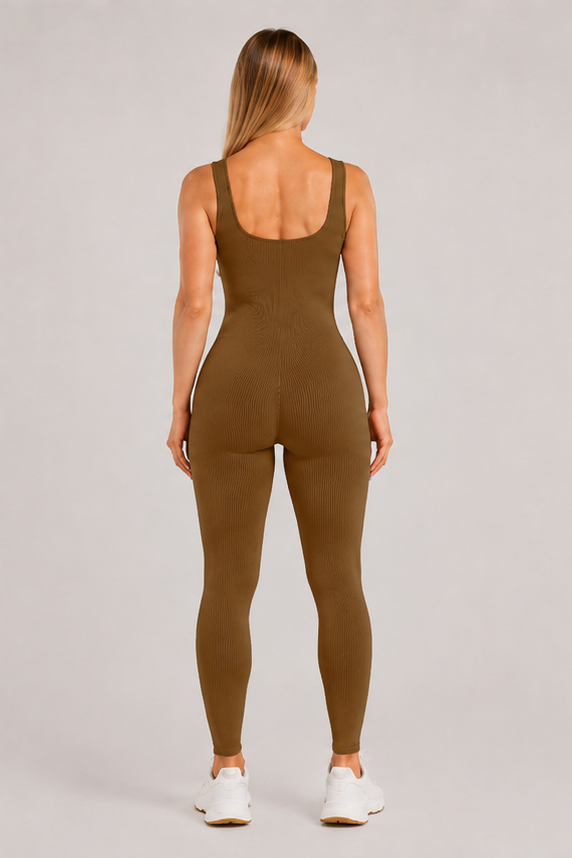 Sculpting Ribbed One-Piece Jumpsuit Brown