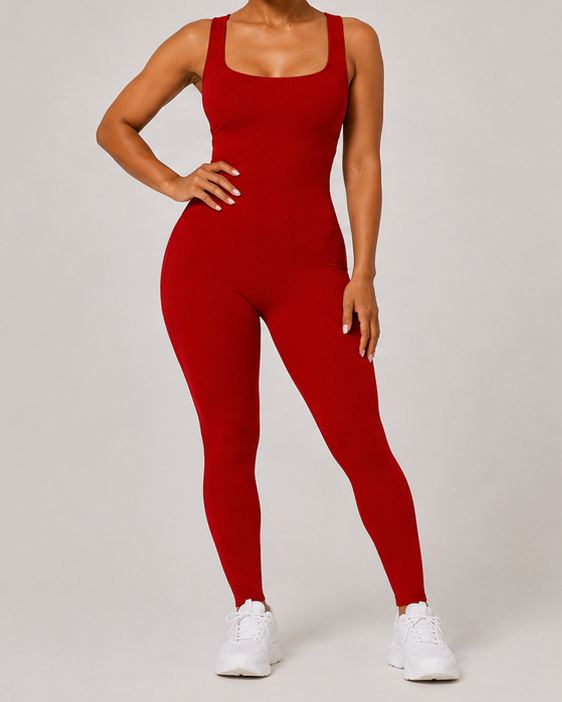 Sculpting Ribbed One-Piece Jumpsuit Red