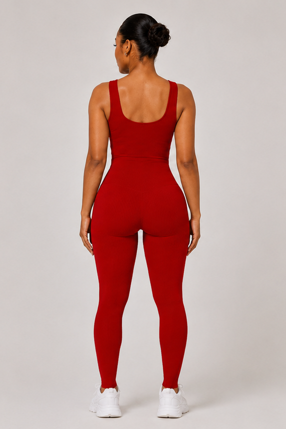 Sculpting Ribbed One-Piece Jumpsuit Red