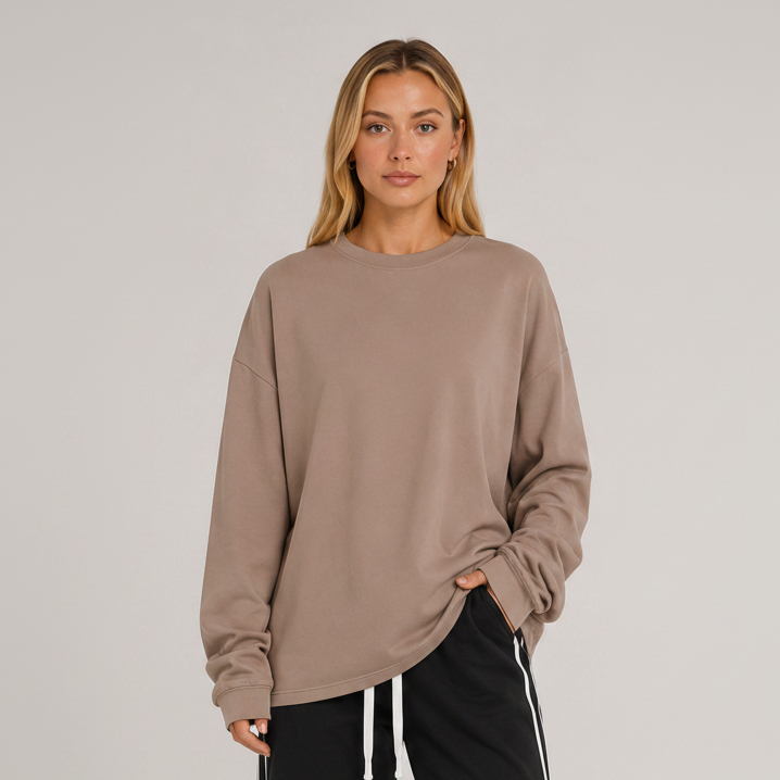 Oversized Long Sleeve Crew Top Beige