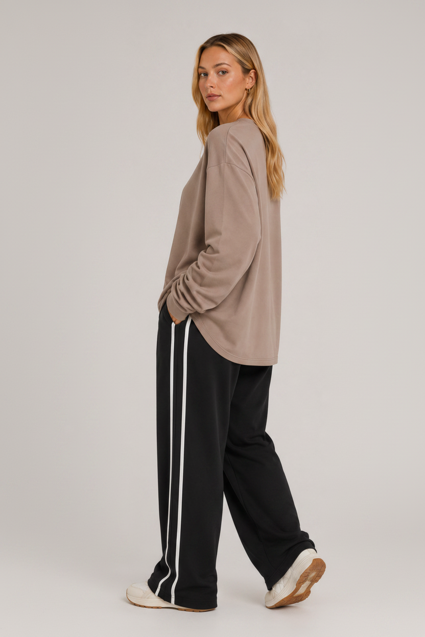 Oversized Long Sleeve Crew Top Beige