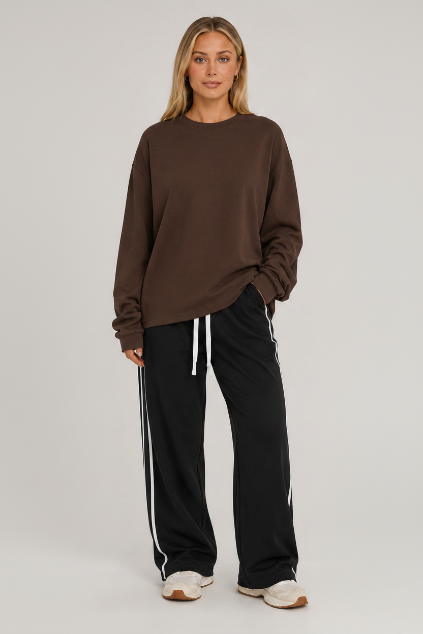 Oversized Long Sleeve Crew Top Dark Brown