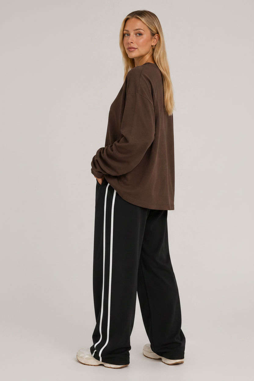Oversized Long Sleeve Crew Top Dark Brown