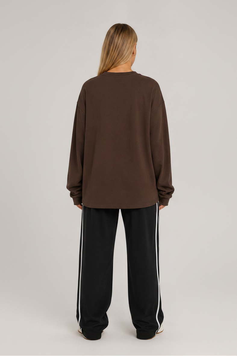 Oversized Long Sleeve Crew Top Dark Brown