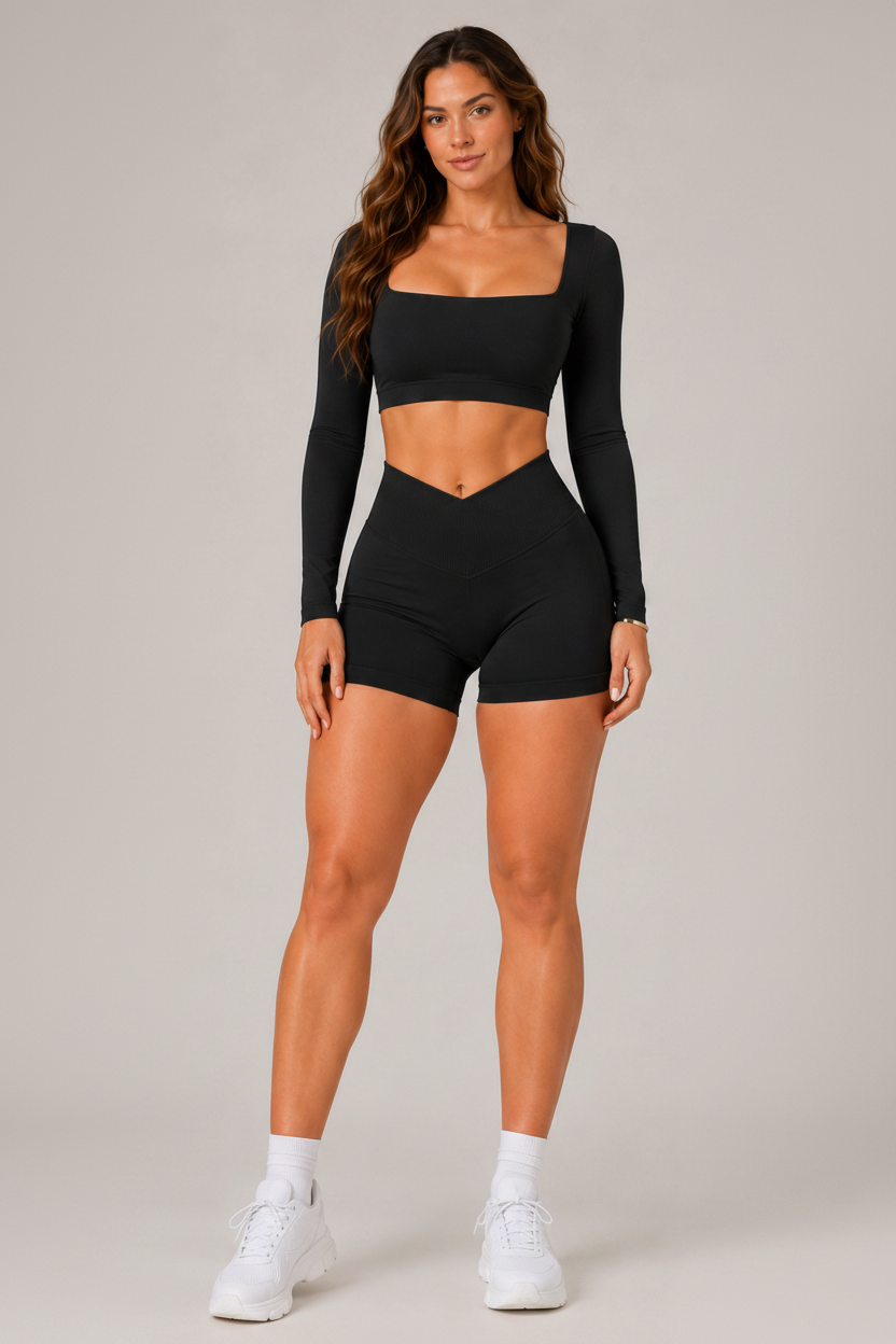 Square Neck Long Sleeve Yoga Crop Top Black