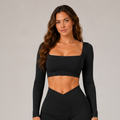 Square Neck Long Sleeve Yoga Crop Top Black