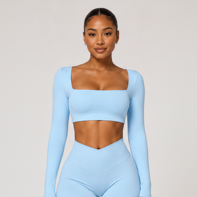 Square Neck Long Sleeve Yoga Crop Top Sky Blue