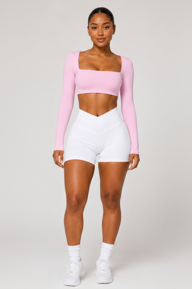 Square Neck Long Sleeve Yoga Crop Top Light Pink