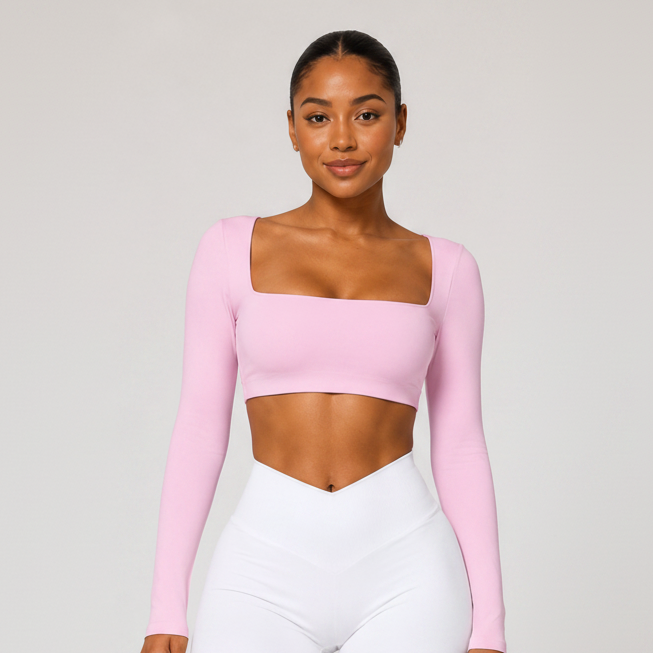 Square Neck Long Sleeve Yoga Crop Top Light Pink