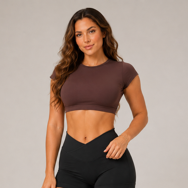 Backless Short Sleeve Crop Yoga Top Brown