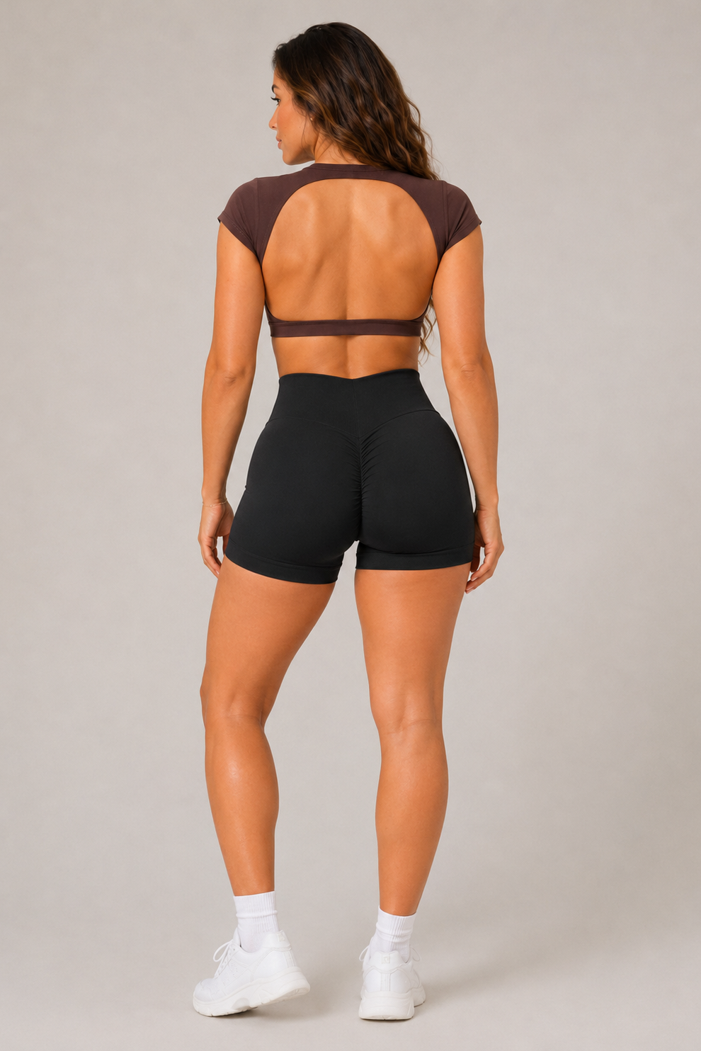 Backless Short Sleeve Crop Yoga Top Brown