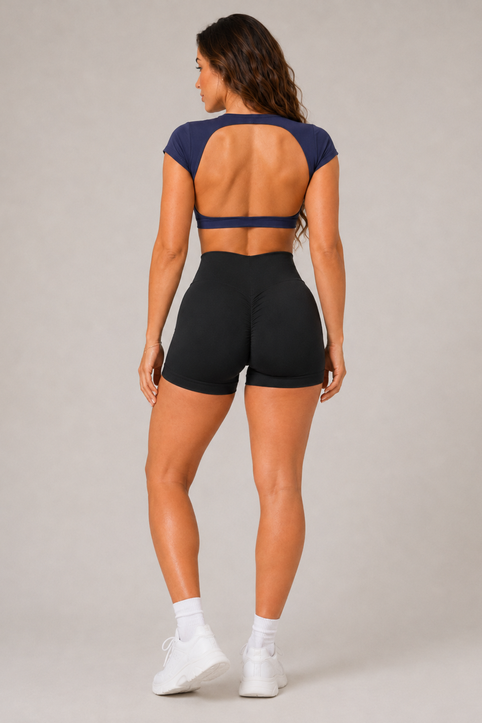 Backless Short Sleeve Crop Yoga Top Navy