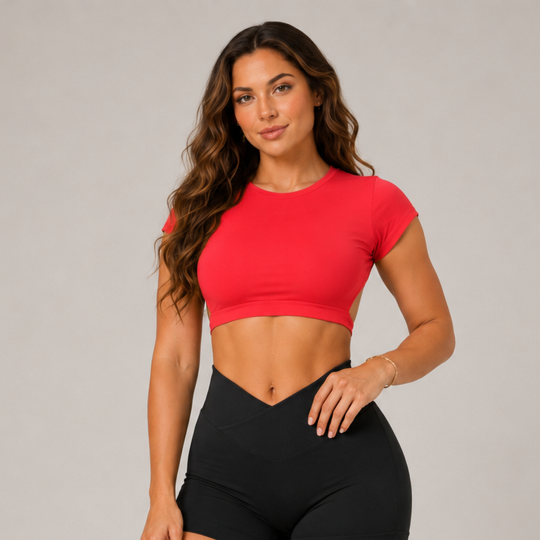 Backless Short Sleeve Crop Yoga Top Red