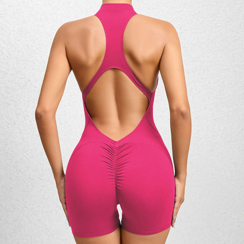Open Back Scrunch Booty Yoga Bodysuit Hot Pink