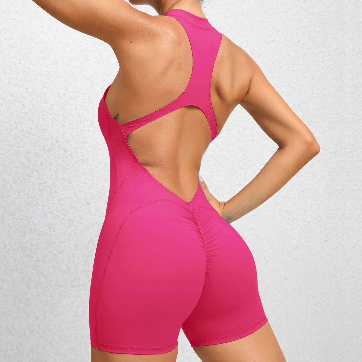 Open Back Scrunch Booty Yoga Bodysuit Hot Pink
