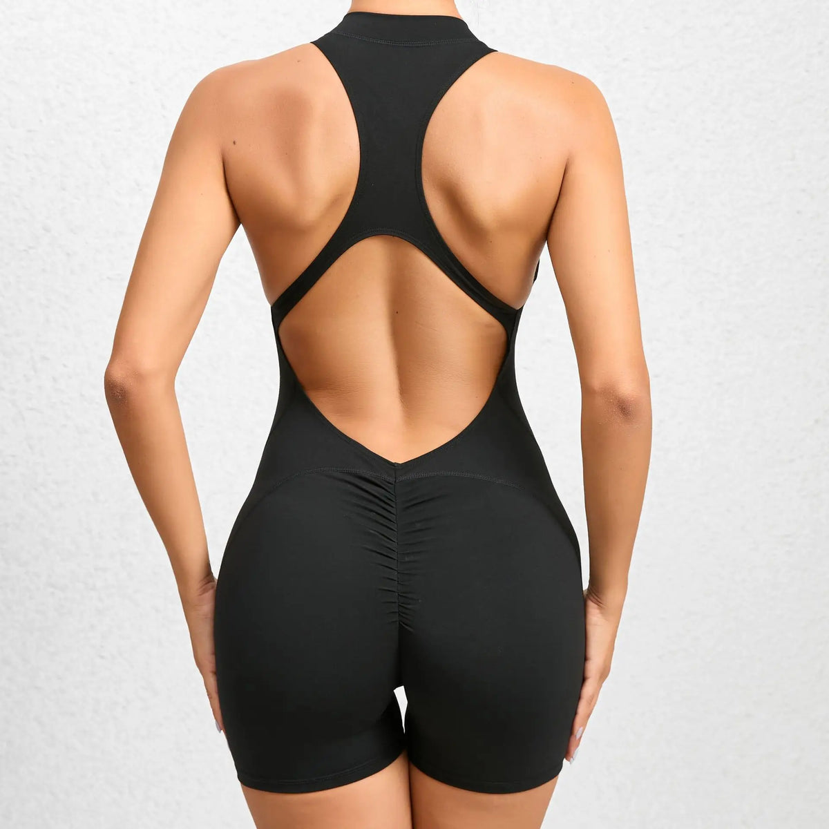 Open Back Scrunch Booty Yoga Bodysuit Black