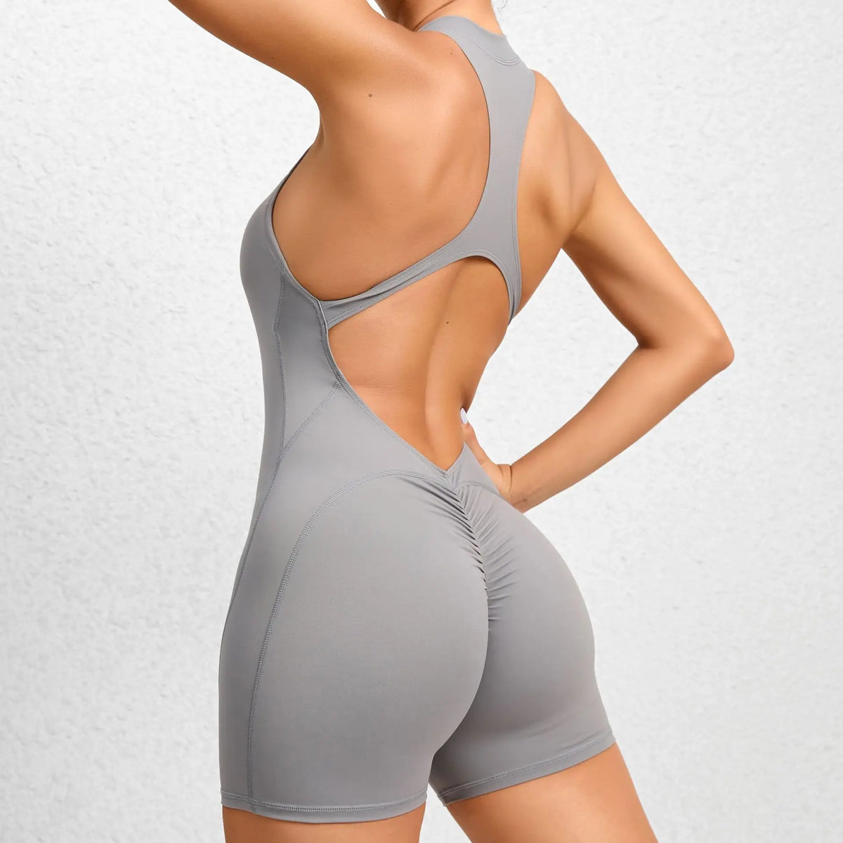 Open Back Scrunch Booty Yoga Bodysuit Grey