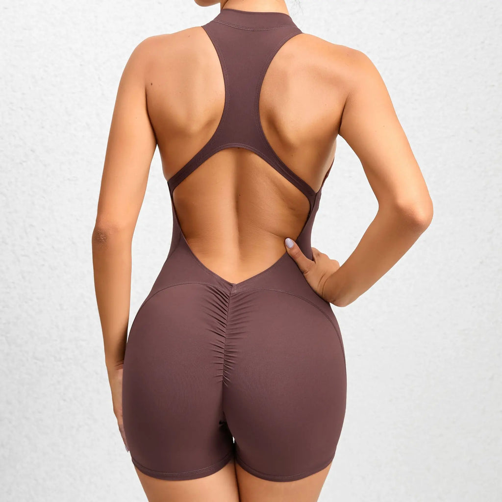 Open Back Scrunch Booty Yoga Bodysuit Coffee