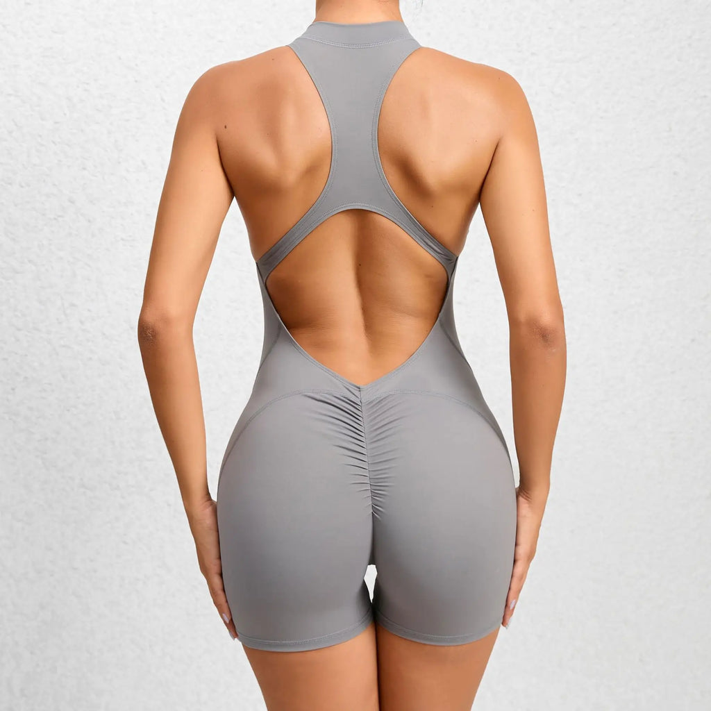Open Back Scrunch Booty Yoga Bodysuit Grey