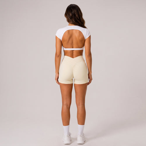 High Waist V-Cross Scrunch Booty Shorts Beige