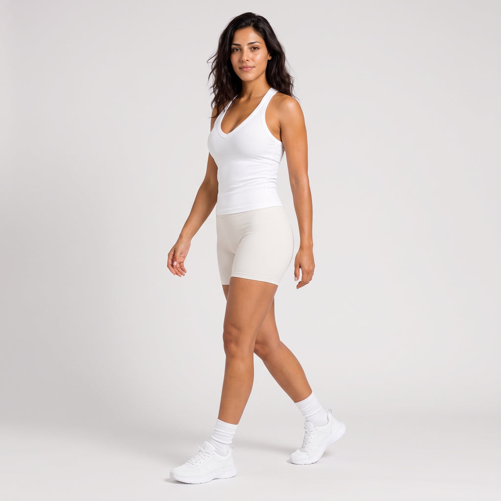 Ribbed V-Neck Fitted Tank White