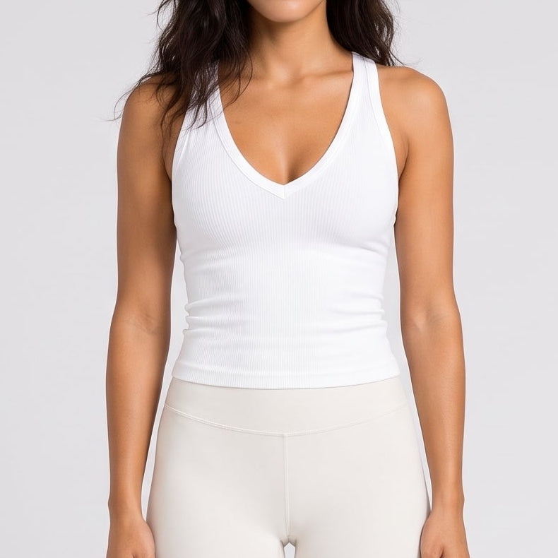 Ribbed V-Neck Fitted Tank White