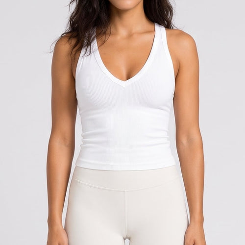 Ribbed V-Neck Fitted Tank White