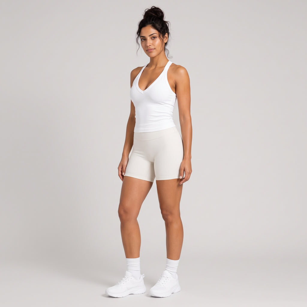 Ribbed V-Neck Fitted Tank White