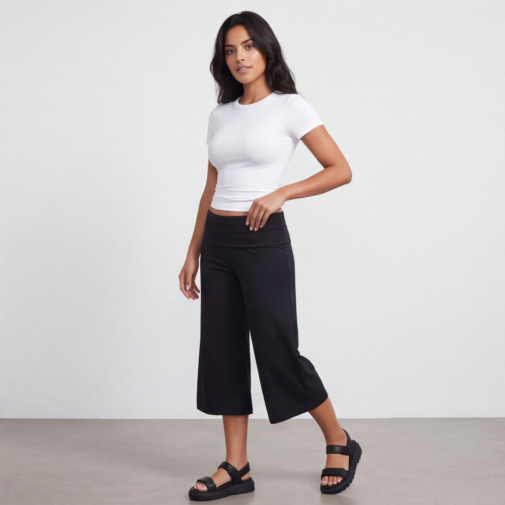 Fold-Over Wide Leg Gaucho Pants Pastel Black