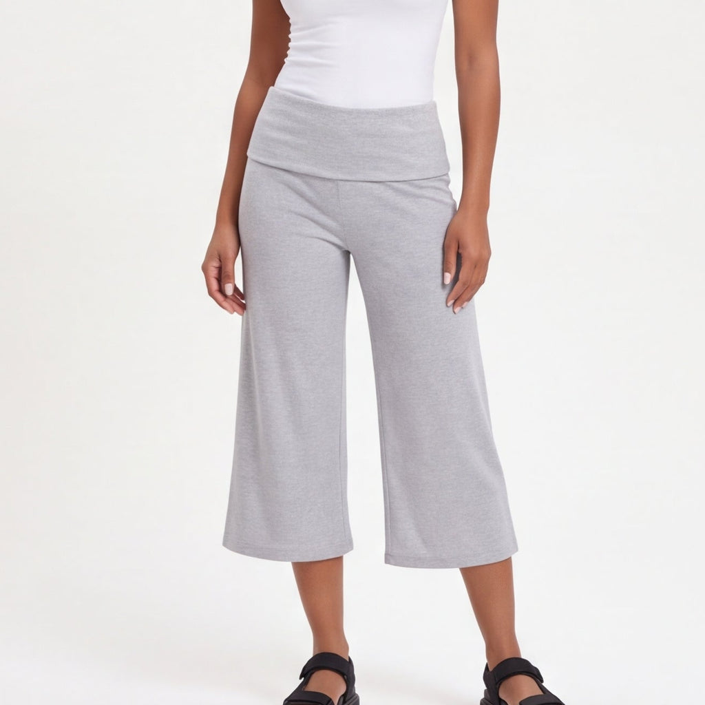 Fold-Over Wide Leg Gaucho Pants Pastel Light Grey