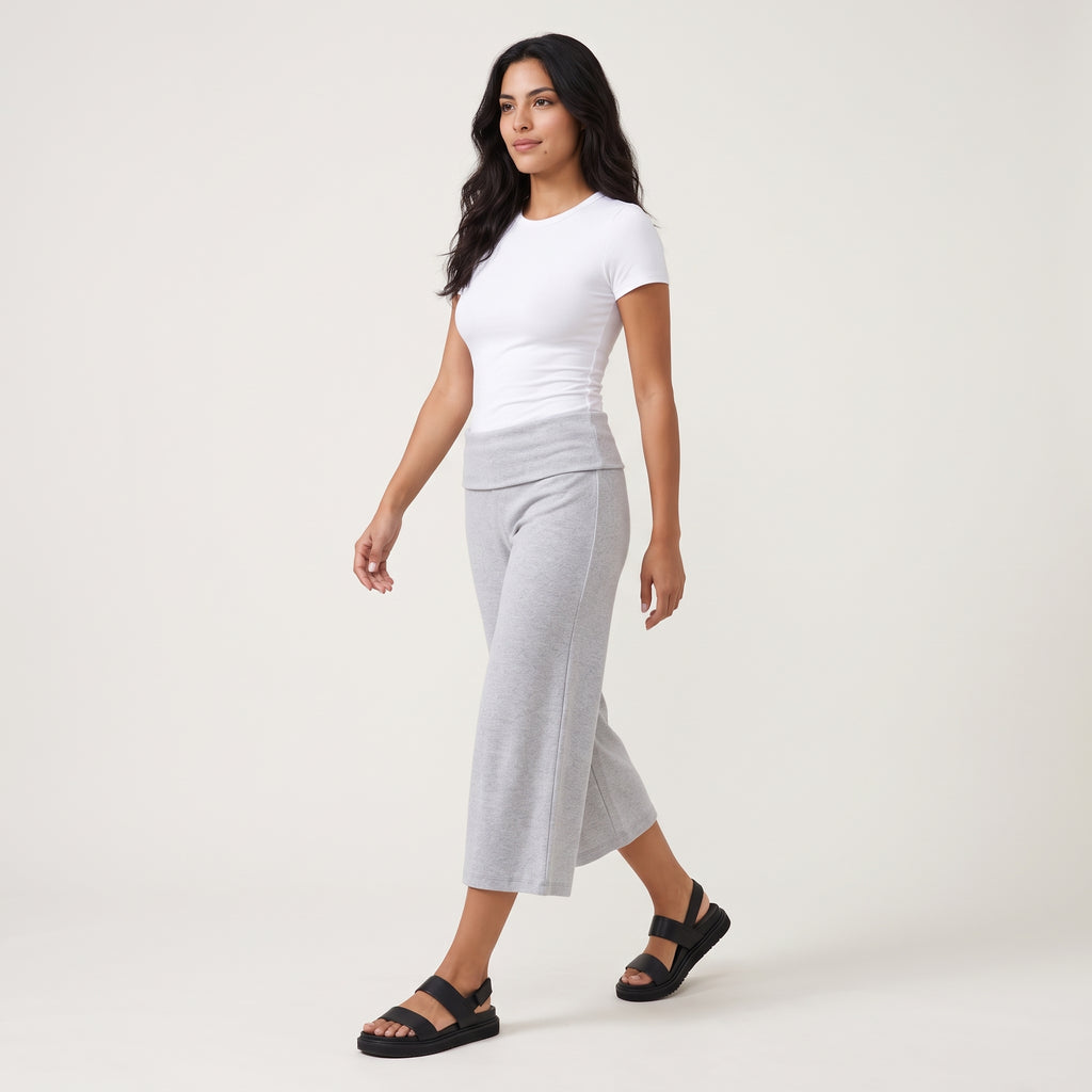 Fold-Over Wide Leg Gaucho Pants Pastel Light Grey