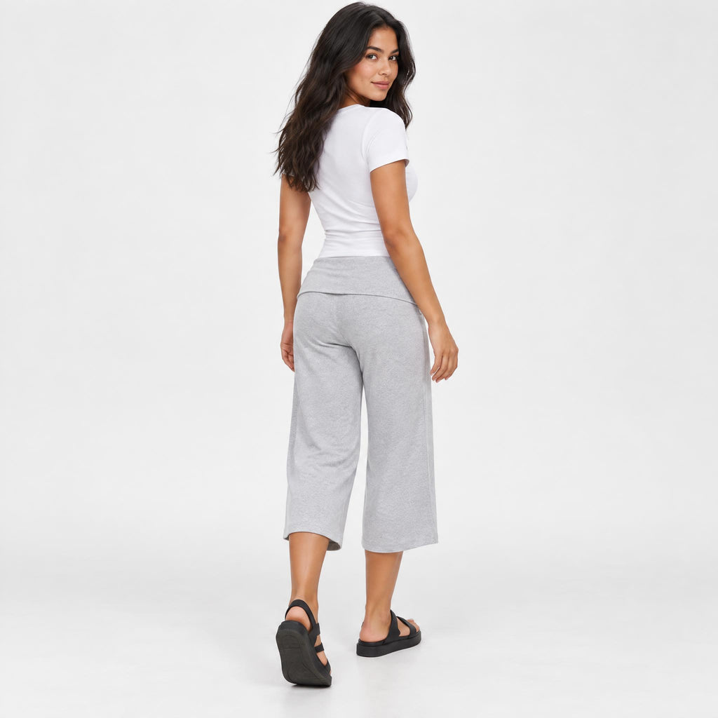 Fold-Over Wide Leg Gaucho Pants Pastel Light Grey